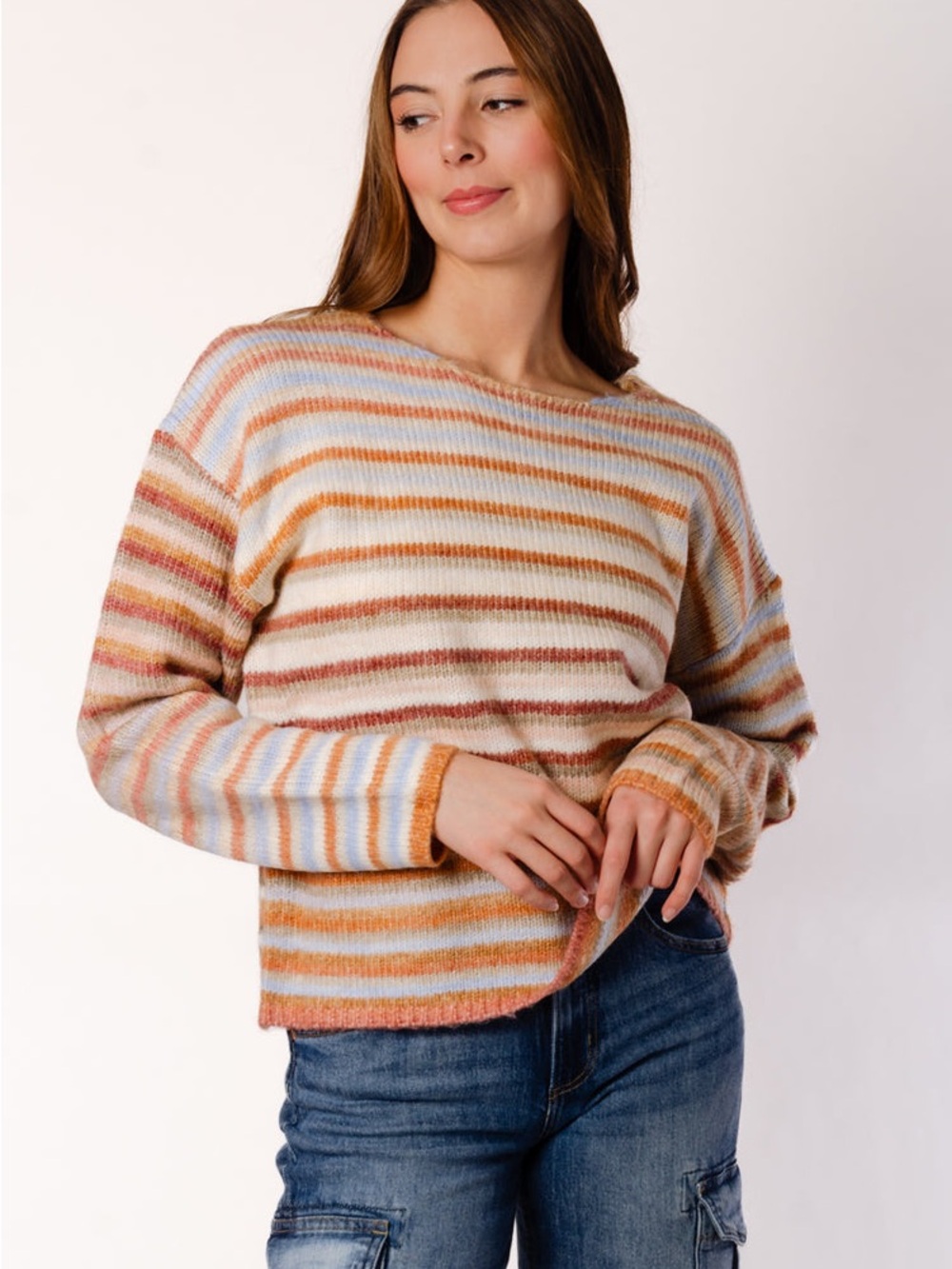 Wishlist Rainbow Striped Crewneck Sweater Pastel Boho Colorful Size Large